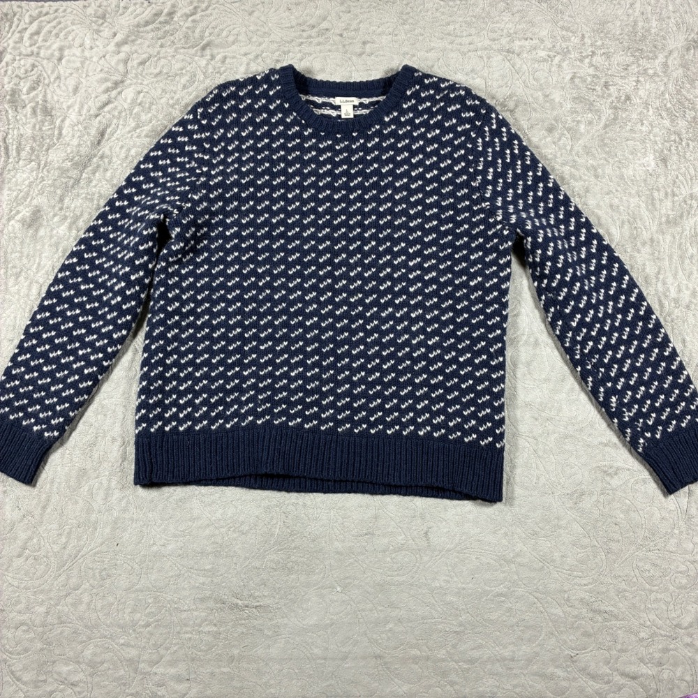 LL Bean Womens Birdseye Classic Ragg Lambswool Sweater L Navy Blue Old Money